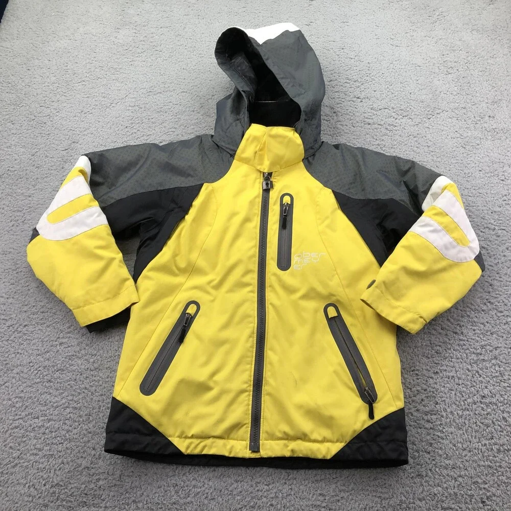 Obermeyer Jacket Youth 10 Yellow Gray Colorblock Hooded Ski Winter Zip Juniors